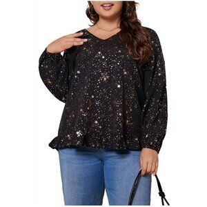 NWT Solyhux Black Blouse Size 4X Gold Stars Ruffles BOHO Peasant Whimsical